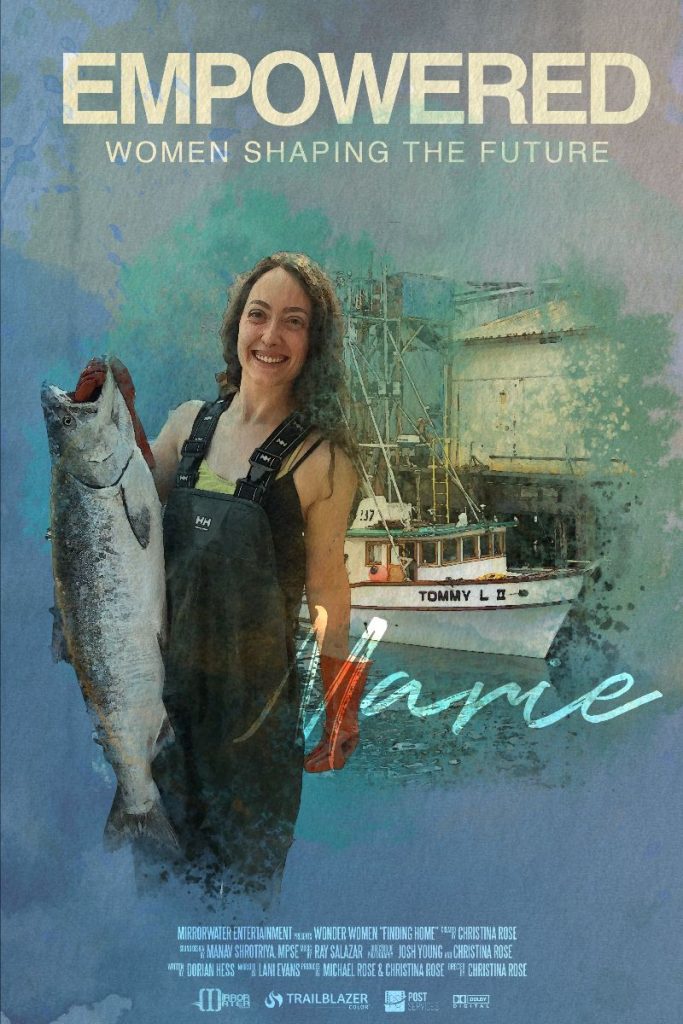 film poster for Marie Rose's episode of Empowered with a photo of her holding a fish for a film screening for SafeHouse Center